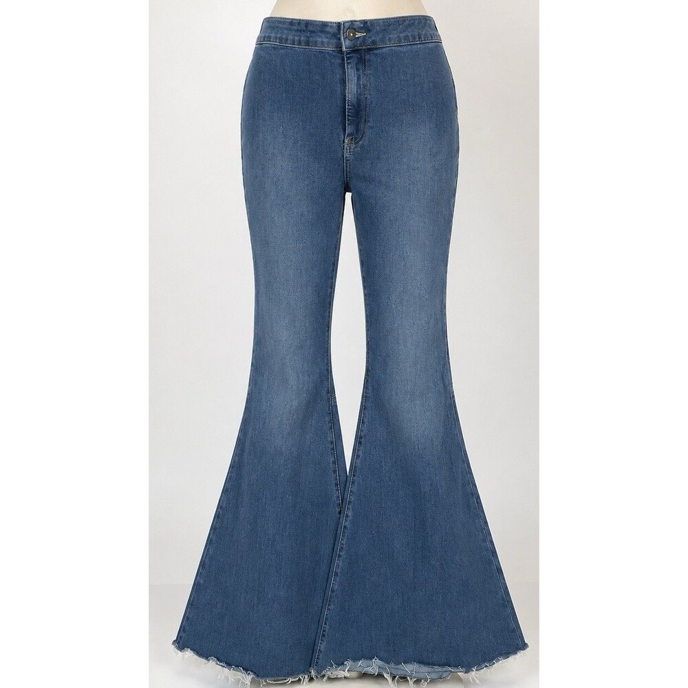 Free People Jeans 29 Extreme Flare Bell Bottom Raw Hem Y2K Boho Blue Denim